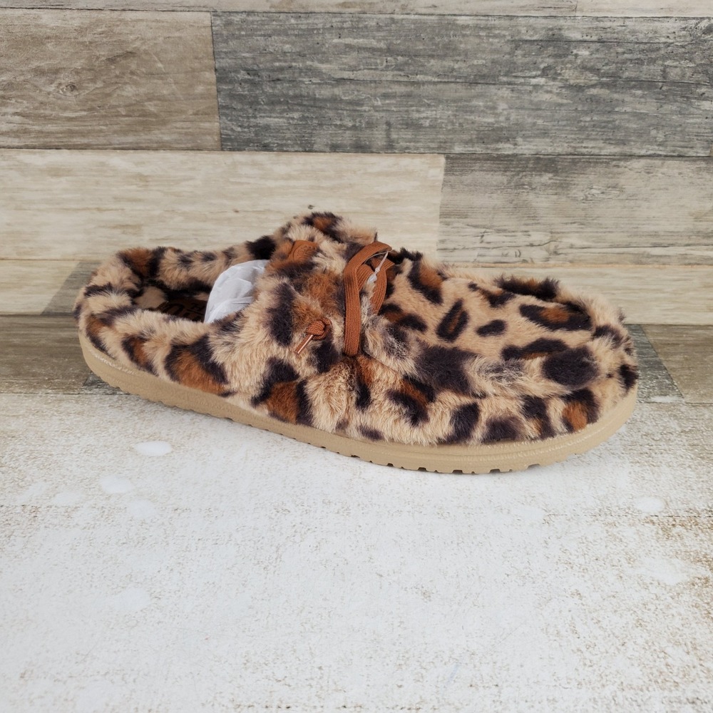 Hey Dude Wally Leo Fur Womens Slipper Sz 11 Tan Leopard Print Faux Shearling